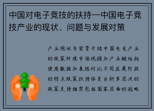 中国对电子竞技的扶持—中国电子竞技产业的现状、问题与发展对策